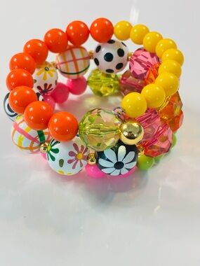 Colorful Beaded Wire Bracelet Stack - Yellow, Orange, Pink, Green & Gold EUC